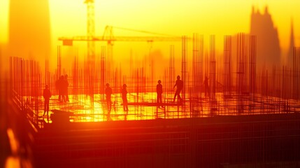 Fototapeta premium Construction site silhouettes during sunset, workers on a concrete platform