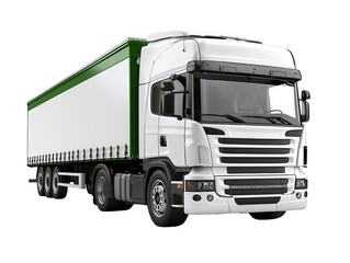A large white semi truck with a green trailer