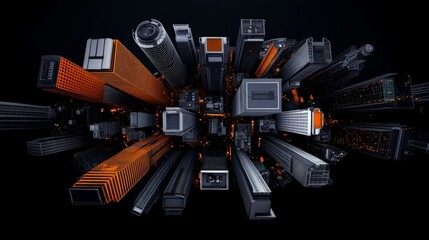 City of Steel and Light: A mesmerizing abstract cityscape, rendered in a vibrant palette of chrome, steel, and neon, evokes a futuristic, hyper-connected metropolis.