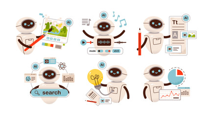 AI technology concept. Robots help in generating images, music, writing text, analytics and searching for information. Chat bot. Artificial intelligence generates. Flat vector illustration