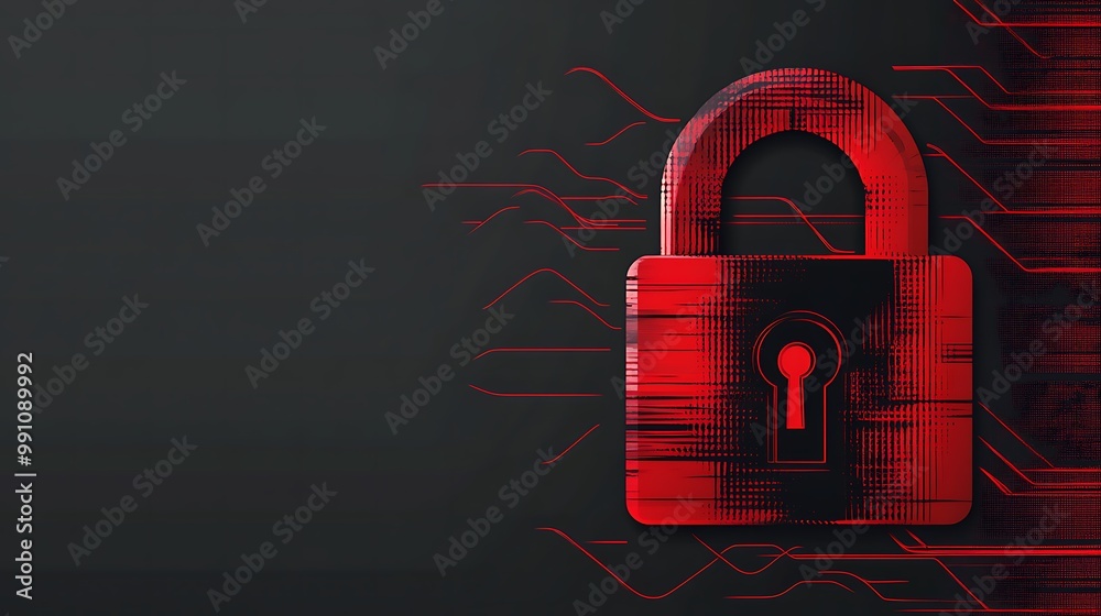 Poster red padlock with digital lines on black background.