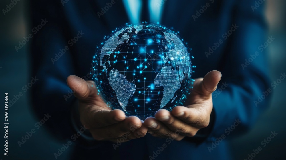 Aufkleber crm. customer network relationship management concept, businessman hold of global structure customer