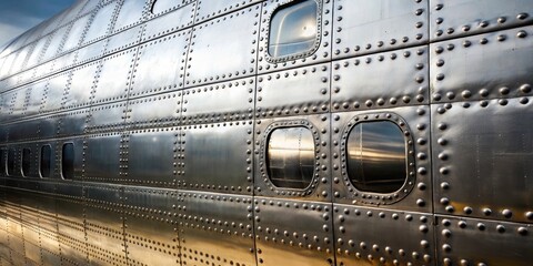 Metal airplane hull plating with rows of rivets, aviation, aircraft, technology, industry, transportation