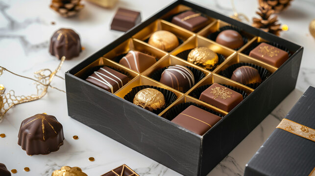 Black and golden gourmet chocolates arranged in a luxurious gift box