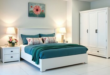 Modern Bedroom with Teal Bedding and White Furniture