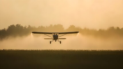 Fototapeta premium Crop duster airplane flying through foggy field at sunrise.