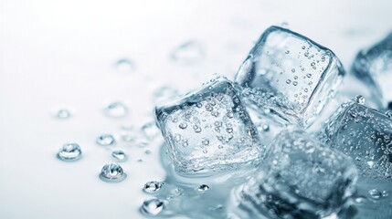 Obraz premium A cluster of melting ice cubes with water droplets forming around them, placed on a bright white background, symbolizing cooling and freshness.