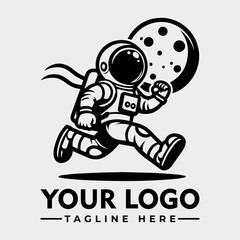 Astronaut running vector logo illustration with moon spaceman