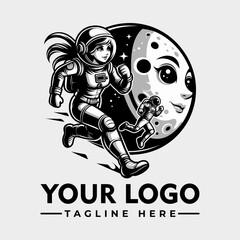 Astronaut running vector logo illustration with moon spaceman