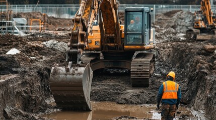 Excavator digging a trench on a construction site with a worker standing in the mud.