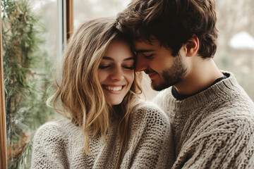 Two individuals wearing cozy knitwear clothes relaxing by a fireplace generative ai