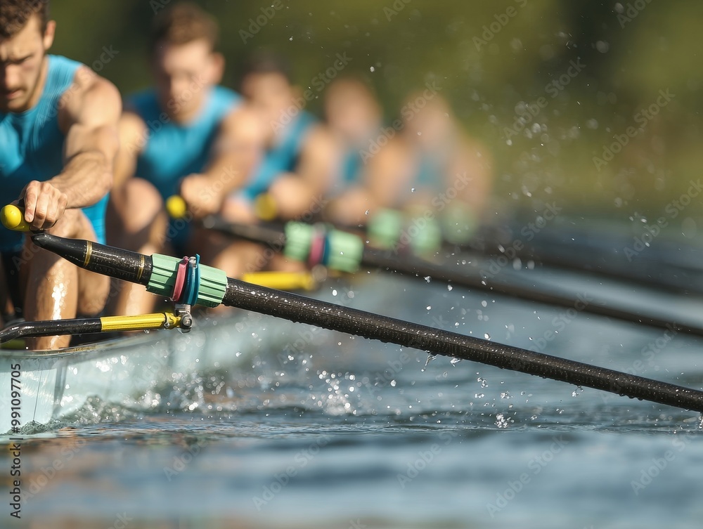 Wall mural rowers competing in a team race, dynamic action on the water, splashing droplets.