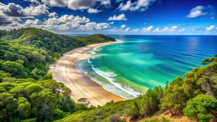 Fototapeta premium Landscape with a sandy coastline, lush forest, and vibrant blue ocean , nature, sea, trees, beach, summer, vacation, peaceful