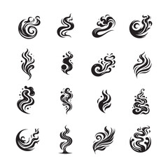 fluid smoke silhouette icon set, collection or bundle isolated on white background, creative and stylish smoke vector icon, logo style smoke or aroma 