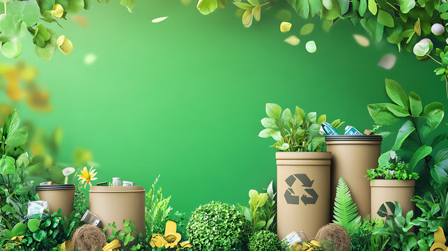 Joyful background with a community event promoting sustainability, including recycling bins and green living materials