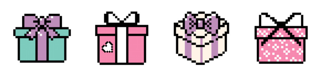 Set of gift boxes vector illustration with bow and ribbon. Present box. Pixel art design elements. Bold and groovy pixel icons. Game abstract elements. Y2k trendy playful pixelated stickers