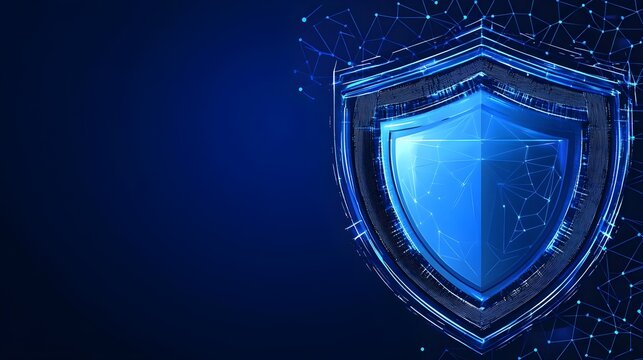 Digital shield symbol on blue background with abstract network connections.