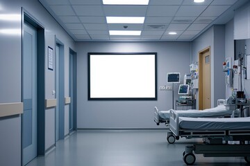 Empty Hospital Corridor with Medical Equipment and Two Hospital Beds