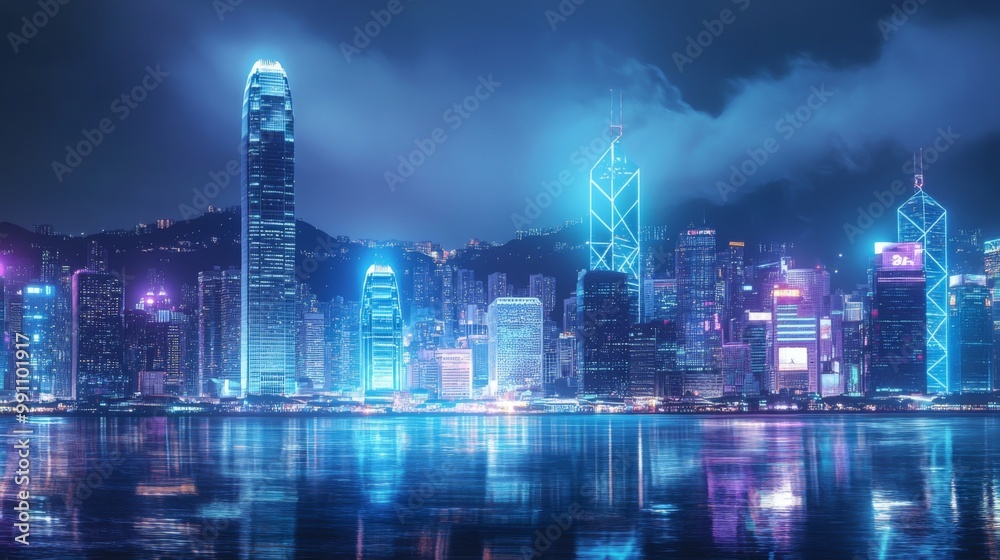 Poster smart network and connection technology concept, hong kong digital city background at night in victo