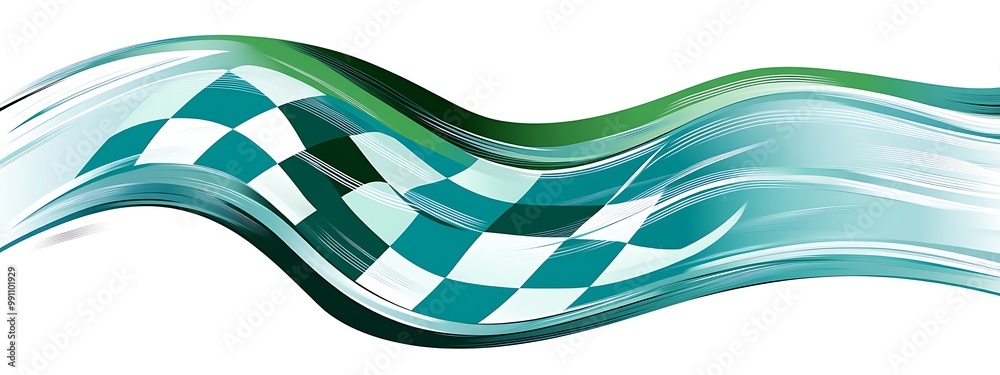 Poster abstract wavy checkered flag with green and blue color.