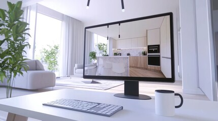 Design concept for an architect house, desktop computer on white work desk with CAD sketch, modern living room interior design in the background