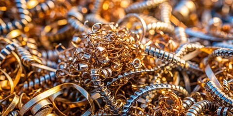Closeup of tangled and shiny scrap metal shavings ready for recycling, metal, shavings, industrial, waste, recycling, shiny