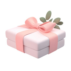 Naklejka premium A beautifully wrapped gift box adorned with a pink ribbon and greenery, perfect for celebrations and special occasions., isolated on a transparent background.