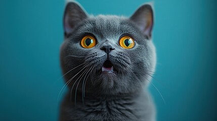 A British shorthair cat appears shocked against a blue background.