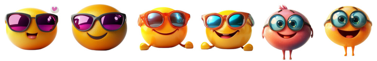 Cheerful cartoon characters with sunglasses and expressive faces, showcasing variety of emotions and styles. Perfect for conveying fun and positivity in any design