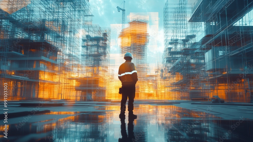 Poster team engineer building construction project with architect people or construction worker working with modern civil equipment technology, double exposure graphic design. Building engineer,