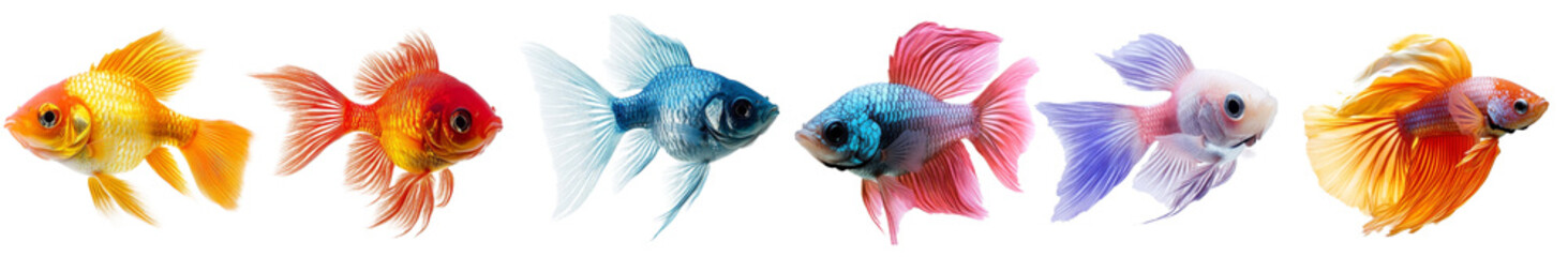 Colorful goldfish swimming gracefully in row, showcasing vibrant hues and unique patterns. Their lively movements and distinct colors create captivating underwater scene