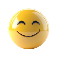 Fototapeta premium A cheerful smiley face emoji with a glossy yellow surface, perfect for conveying happiness and positivity in various designs., isolated on a transparent background.