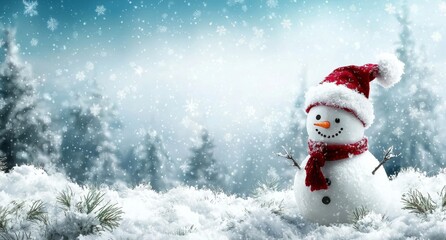 Featured image is the panoramic view of a happy snowman in winter scenery, with copy space around it
