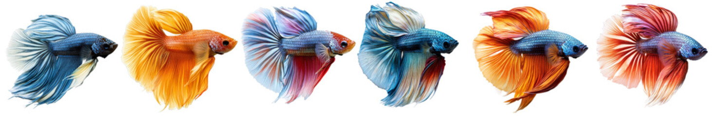 Fototapeta premium Vibrant betta fish display stunning array of colors and flowing fins, showcasing their beauty and grace in aquatic environment