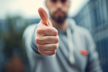 A close-up of a hand giving a thumbs up symbolizes positivity and approval. This image conveys encouragement and support. It is ideal for motivational content. Generative AI
