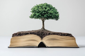 The concept of education investment and success is represented by a tree of knowledge growing on an open textbook