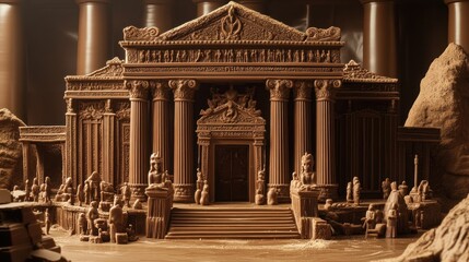 Obraz premium Chocolate sculpture of an ancient temple with pillars, statues, and intricate details.