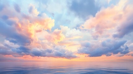 Fototapeta premium Beautiful sunset with pink and blue clouds reflected on calm sea.