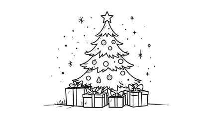 christmas tree sketch. Coloring page of a decorated Christmas tree with gifts. black and white illustration on white background. coloring book