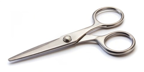 Obraz premium Close up of a pair of silver scissors on a white background, sharp, cutting tool, silver, object, office supplies