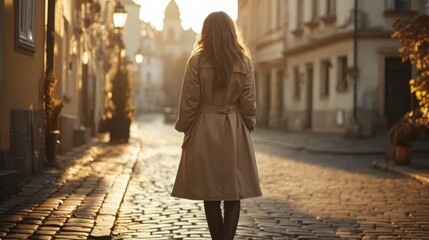 Naklejka premium A woman dressed in a beige trench coat walks along a cobblestone street. The warm glow of sunset illuminates the historic buildings, creating a serene and picturesque atmosphere.