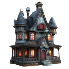 A detailed and enchanting gothic house with pointed roofs and illuminated windows, perfect for fantasy and architectural themes., isolated on a transparent background.