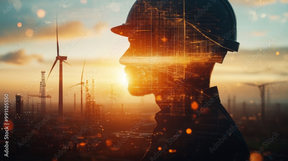 Poster team of engineer people working in wind turbine and industrial with double exposure. concept enginee