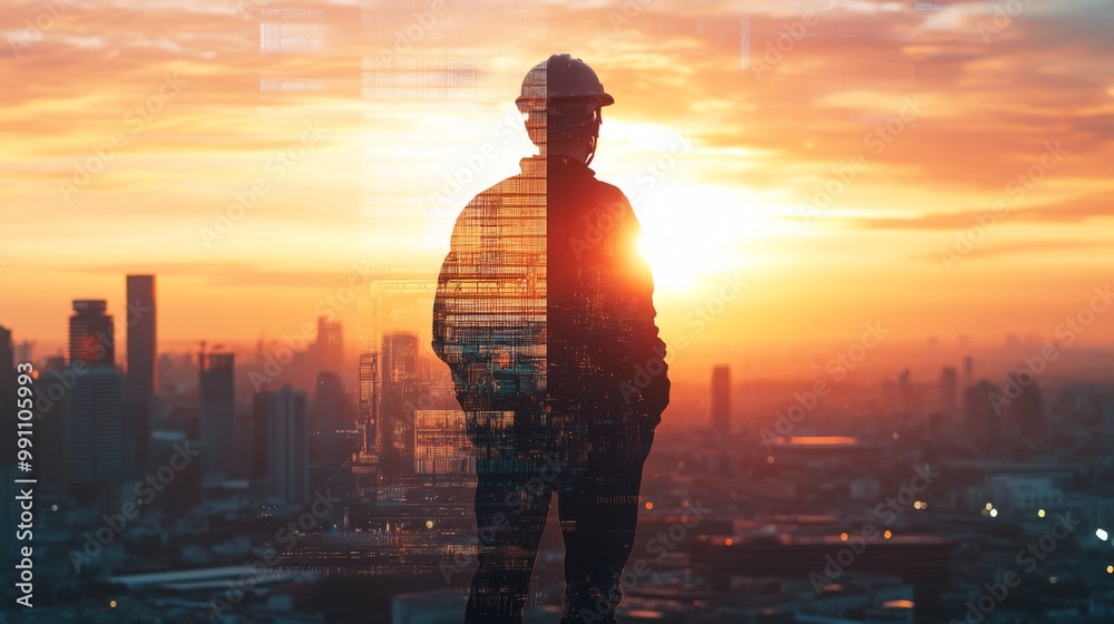 Poster the double exposure image of the engineer standing back during sunrise overlay with cityscape image.