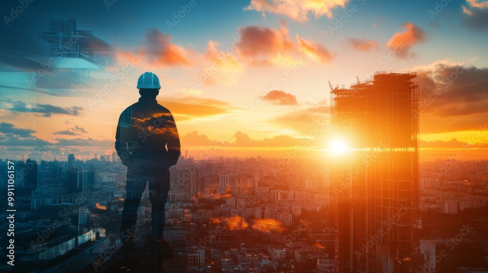 Poster the double exposure image of the engineer standing back during sunrise overlay with cityscape image.