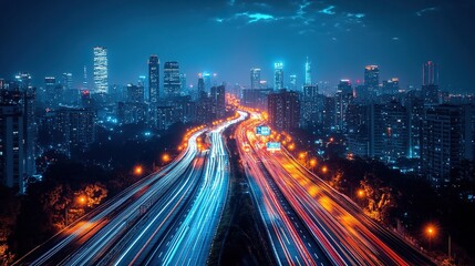 Fototapeta premium A city night scene illuminated by dynamic light trails.