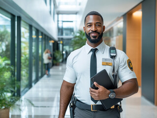 A professional security guard at a corporate building lobby, observing the flow of people and maintaining security protocols in a well-lit modern space