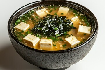 Miso Soup with Tofu, Seaweed, and Green Onions in a Black Bowl