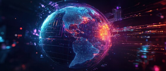 Obraz premium A digital representation of Earth with vibrant data streams, symbolizing connectivity and technology.