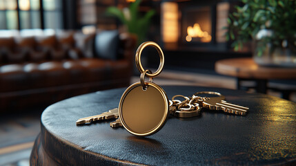 Golden Keyring on a Table: A close-up shot of a sleek, gold-tone keychain, with a circular tag, resting on a table in a stylish living room setting, emphasizing a sense of luxury and sophistication.
